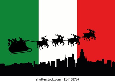 Vector Illustration of the flag of Italy with santa flying his sliegh over a city