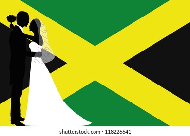 Vector illustration of the flag of Jamaica with a bride and groom coloured silhouette