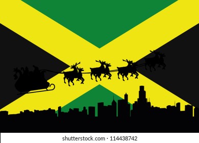 Vector Illustration of the flag of Jamaica with santa flying his sliegh over a city