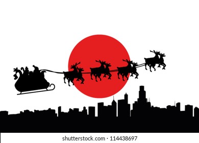 Vector Illustration of the flag of Japan with santa flying his sliegh over a city