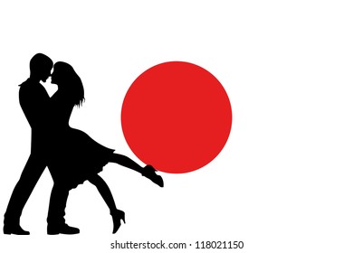 Vector illustration of the flag of Japan silhouette of a couple in love