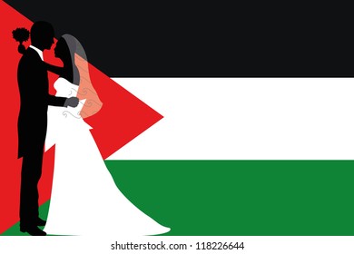 Vector illustration of the flag of Jordan  with a bride and groom coloured silhouette