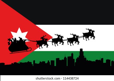 Vector Illustration of the flag of Jordan with santa flying his sliegh over a city