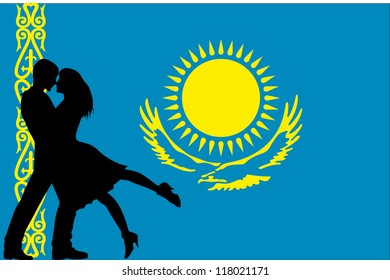 Vector illustration of the flag of Kazakhstan silhouette of a couple in love