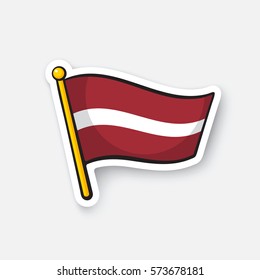 Vector illustration. Flag of Latvia on flagstaff. Location symbol for travelers. Cartoon sticker with contour. Decoration for greeting cards, posters, patches, prints for clothes, emblems