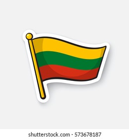 Vector illustration. Flag of Lithuania on flagstaff. Location symbol for travelers. Cartoon sticker with contour. Decoration for greeting cards, posters, patches, prints for clothes, emblems