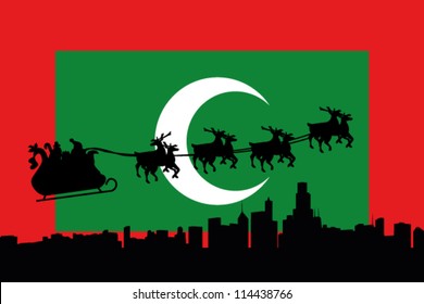 Vector Illustration of the flag of Maldives with santa flying his sliegh over a city