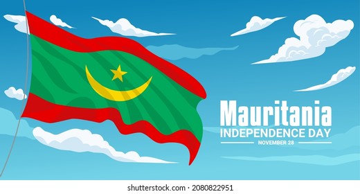 vector illustration, the flag of Mauritania flying against a blue sky background, as a Mauritania independence day banner.