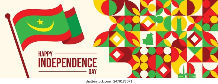 vector illustration, the flag of Mauritania flying against a blue sky background, as a Mauritania independence day banner.

