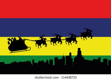 Vector Illustration of the flag of Mauritius with santa flying his sliegh over a city