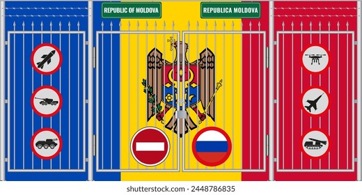 Vector illustration of the flag of Moldova under the lattice. The concept of isolationism. No war.
