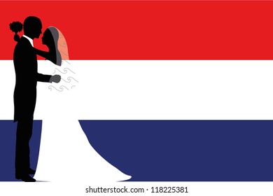 Vector illustration of the flag of Netherlands with a bride and groom coloured silhouette