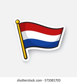 Vector illustration. Flag of the Netherlands on flagstaff. Location symbol for travelers. Cartoon sticker with contour. Decoration for greeting cards, posters, patches, prints for clothes, emblems