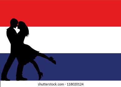 Vector illustration of the flag of Netherlands silhouette of a couple in love