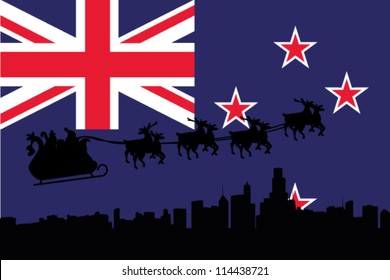 Vector Illustration of the flag of New Zealand with santa flying his sliegh over a city