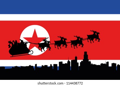 Vector Illustration of the flag of North Korea with santa flying his sliegh over a city