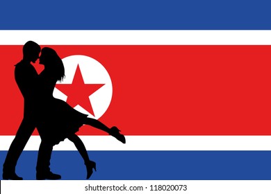 Vector illustration of the flag of North Korea silhouette of a couple in love