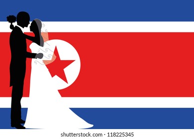 Vector illustration of the flag of North Korea with a bride and groom coloured silhouette