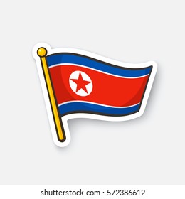 Vector illustration. Flag of North Korea on flagstaff. Checkpoint symbol for travelers. Cartoon sticker with contour. Decoration for greeting cards, posters, patches, prints for clothes, emblems
