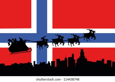 Vector Illustration of the flag of Norway with santa flying his sliegh over a city