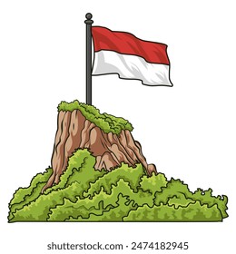 Ilustración vectorial de una bandera en una colina rocosa cubierta de hierba