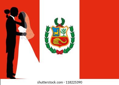 Vector illustration of the flag of Peru with a bride and groom coloured silhouette