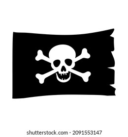 Vector illustration of flag of the pirates Jolly Roger with symbolic white skull and crossed bones isolated on white background.