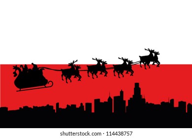 Vector Illustration of the flag of Poland with santa flying his sliegh over a city