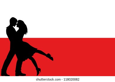 Vector illustration of the flag of Poland silhouette of a couple in love