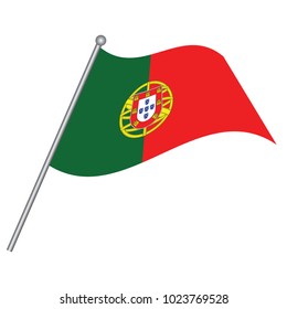 Vector illustration. Flag of Portugal on flagstaff. Location symbol for travelers. Cartoon sticker with contour. Decoration for greeting cards, posters, patches, prints for clothes, emblems.