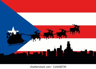 Vector Illustration of the flag of Puerto Rico with santa flying his sliegh over a city