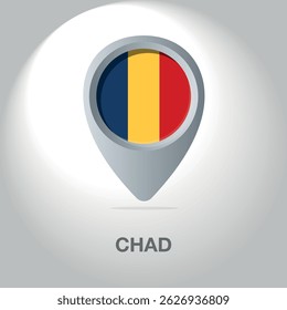 Vector illustration of the flag of the Republic of Chad inside the pin icon on the map. Symbolic location marker with the national colors of Chad (blue, yellow, red)  on a white background.
