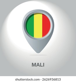 Vector illustration of the flag of the Republic of Mali inside the pin icon on the map. A symbolic location marker with the national colors of Mali (green, yellow, red) on a white background.
