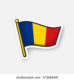 Vector illustration. Flag of Romania on flagstaff. Location symbol for travelers. Cartoon sticker with contour. Decoration for greeting cards, posters, patches, prints for clothes, emblems