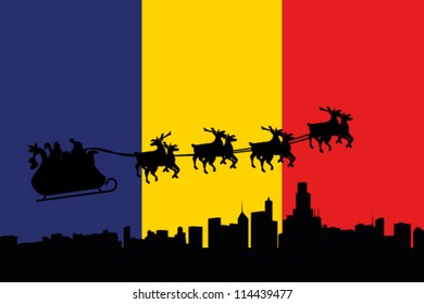 Vector Illustration of the flag of Romania with santa flying his sliegh over a city