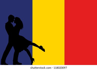 Vector illustration of the flag of Romania silhouette of a couple in love
