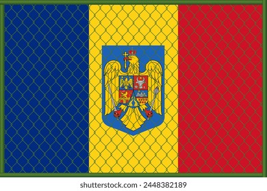 Vector illustration of the flag of Romania under the lattice. The concept of isolationism. No war.
