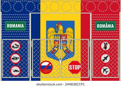 Vector illustration of the flag of Romania under the lattice. The concept of isolationism. No war.
