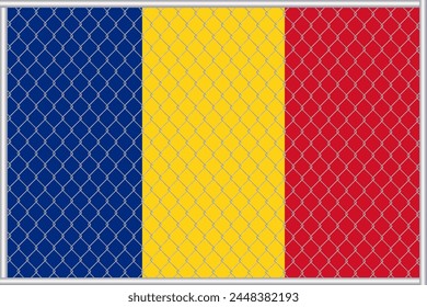 Vector illustration of the flag of Romania under the lattice. The concept of isolationism. No war.
