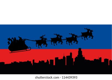 Vector Illustration of the flag of Russia with santa flying his sliegh over a city