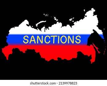 vector illustration of flag of russian flag with sanctions lettering isolated on black