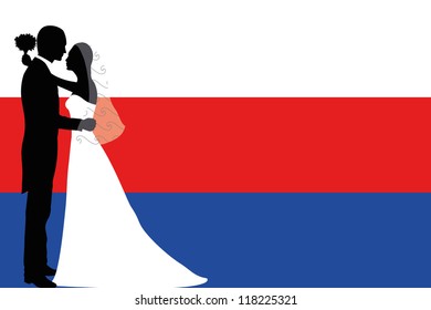 Vector illustration of the flag of Serbia with a bride and groom coloured silhouette