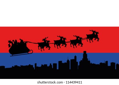 Vector Illustration of the flag of Serbia with santa flying his sliegh over a city