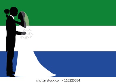 Vector illustration of the flag of Sierra Leone with a bride and groom coloured silhouette