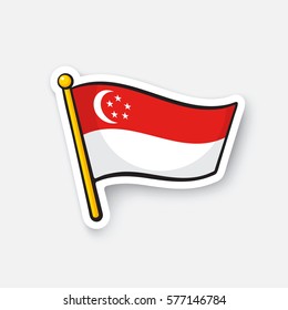 Vector illustration. Flag of Singapore on flagstaff. Location symbol for travelers. Cartoon sticker with contour. Decoration for greeting cards, posters, patches, prints for clothes, emblems