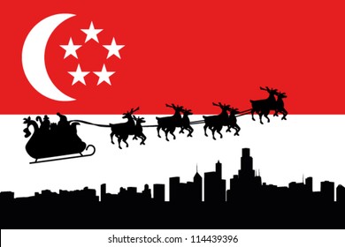 Vector Illustration of the flag of Singapore with santa flying his sliegh over a city