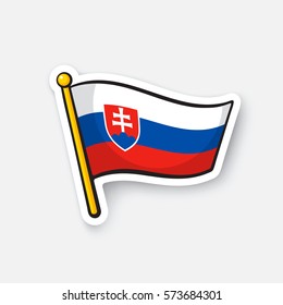 Vector illustration. Flag of Slovakia on flagstaff. Location symbol for travelers. Cartoon sticker with contour. Decoration for greeting cards, posters, patches, prints for clothes, emblems