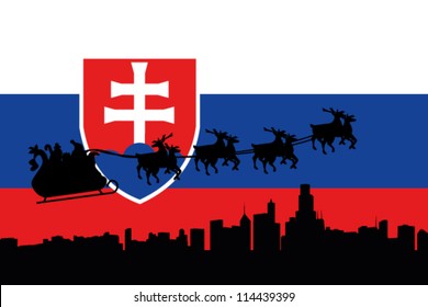 Vector Illustration of the flag of Slovakia with santa flying his sliegh over a city