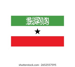 Vector illustration of the flag of Somaliland. National banner with horizontal green, white, and red stripes, featuring Islamic Shahada script, black star, and clean flat design. Isolated on white bac