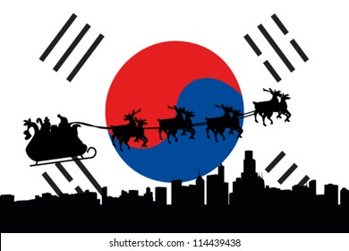 Vector Illustration of the flag of South Korea with santa flying his sliegh over a city